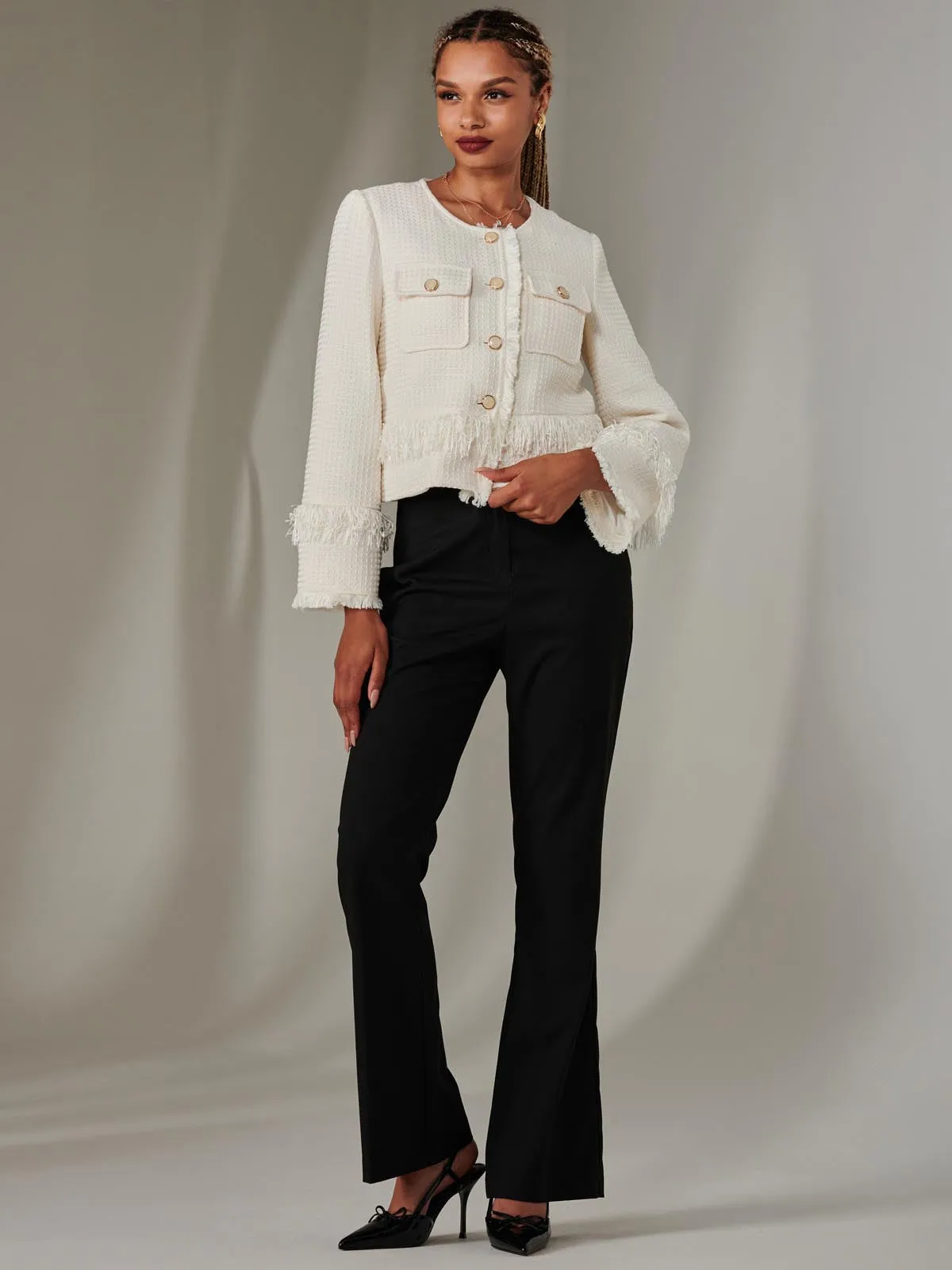 Tweed Fringe Hem Jacket, Cream