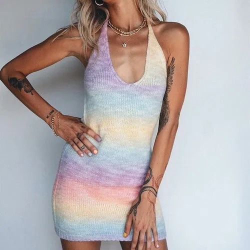 V-Neck Knitted Dress Tie-Dye Dress