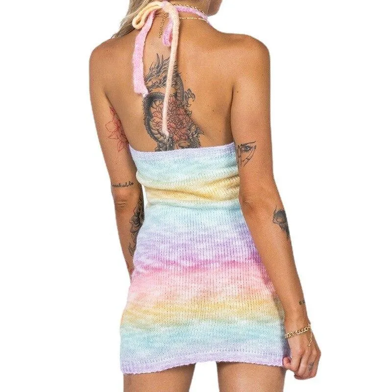 V-Neck Knitted Dress Tie-Dye Dress