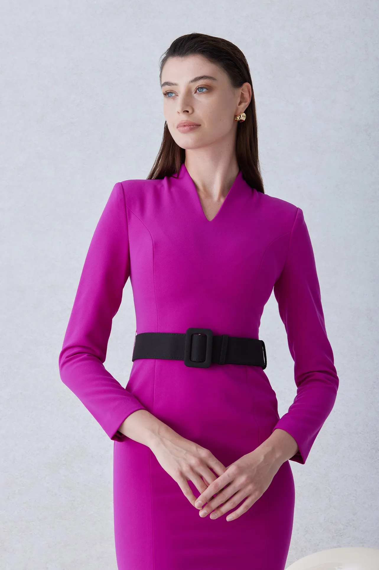 V NECK-LINE DRESS WITH BLACK BELT