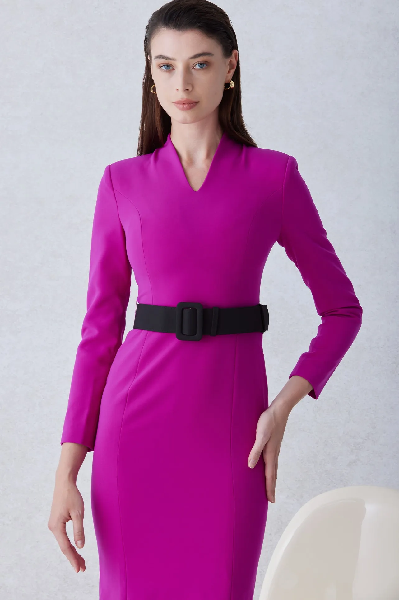 V NECK-LINE DRESS WITH BLACK BELT