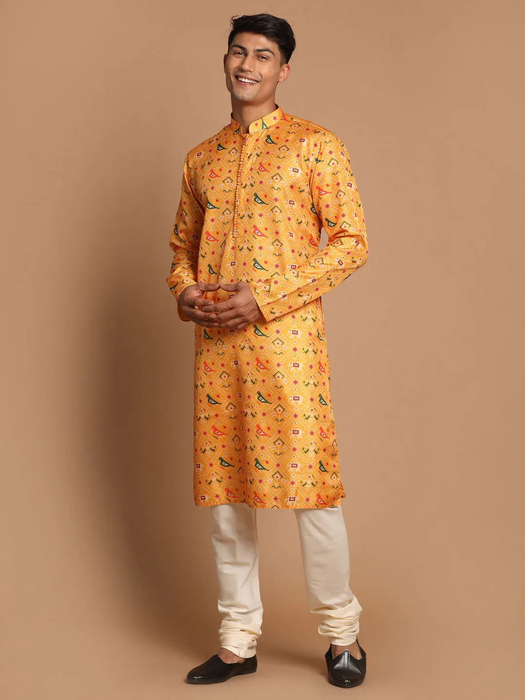 VASTRAMAY Men's Yellow Silk Blend Ethnic Kurta