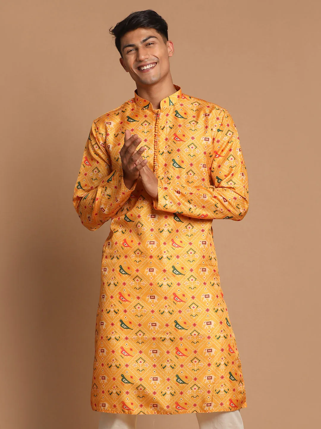 VASTRAMAY Men's Yellow Silk Blend Ethnic Kurta