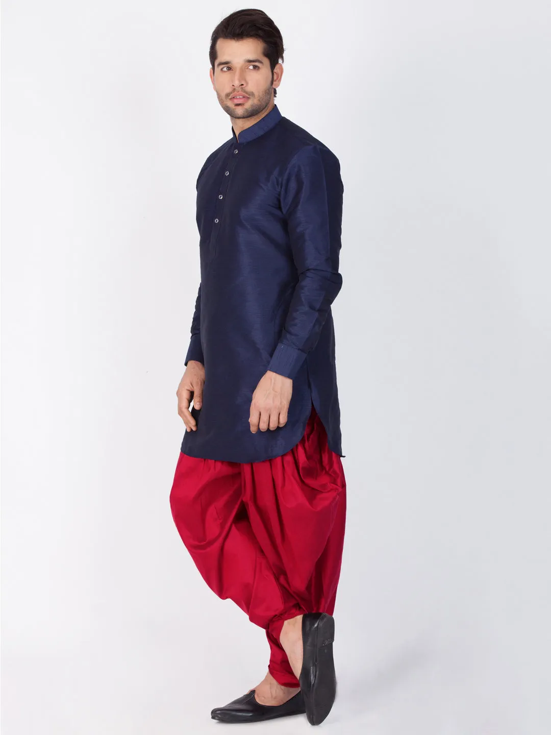 Vastramay Silk Blend Blue And Maroon Baap Beta Dhoti Kurta Set