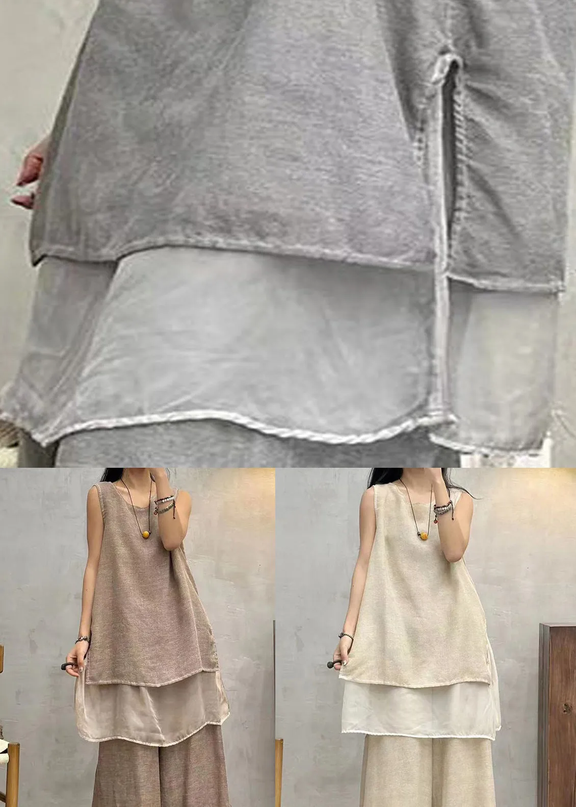 Vintage Coffee O Neck Solid Patchwork Cotton Tops Sleeveless AU1042