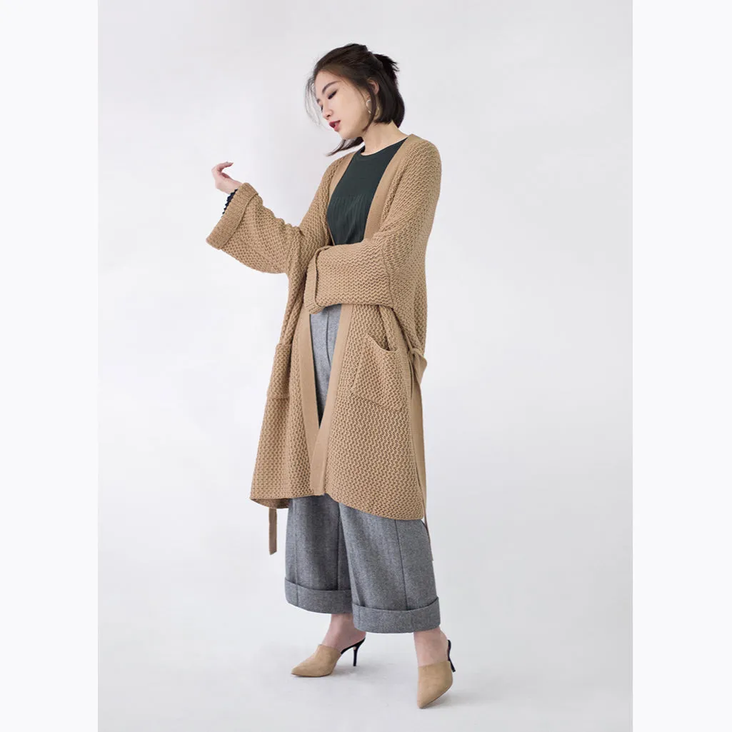 vintage khaki Coats trendy plus size flare sleeve tie waist Winter coat fine pockets wool jackets