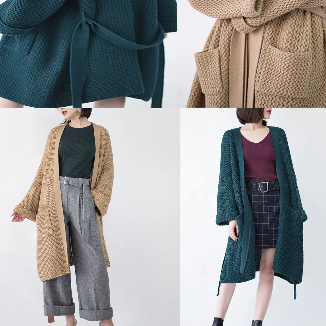 vintage khaki Coats trendy plus size flare sleeve tie waist Winter coat fine pockets wool jackets