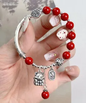 Vintage Mulberry Sterling Silver Cinnabar Tassel Charm Bracelet KX1048