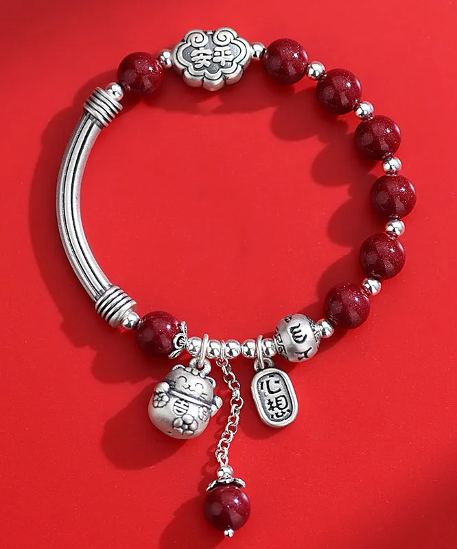 Vintage Mulberry Sterling Silver Cinnabar Tassel Charm Bracelet KX1048