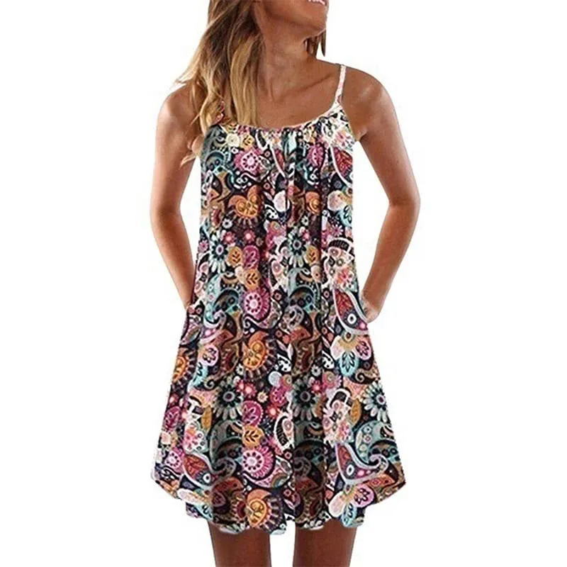 Womens Summer Sexy Floral Print Sleeveless Straps Dress