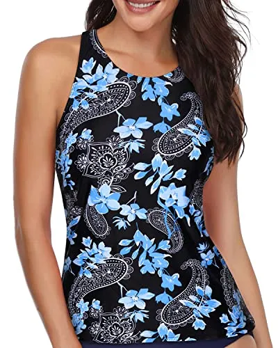 Women's Tummy Control Tankini Top Swimsuit Top-Blue Floral