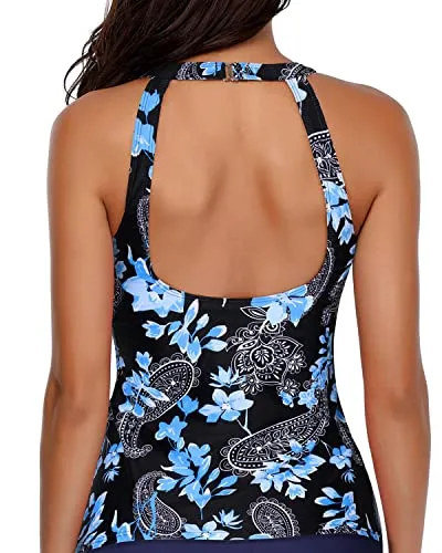 Women's Tummy Control Tankini Top Swimsuit Top-Blue Floral