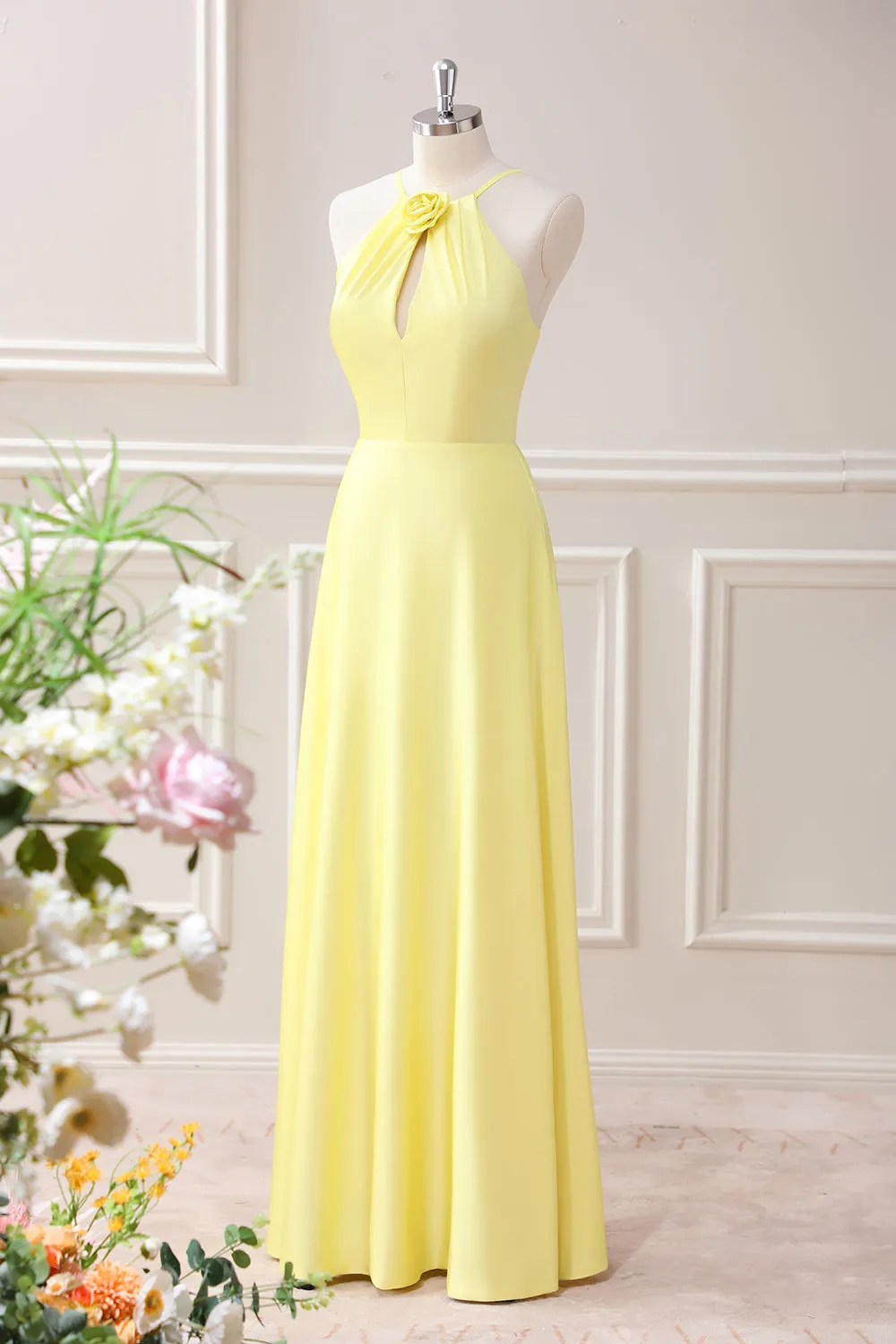 Yellow A Line Halter Cut Out Maxi Dress with Flower