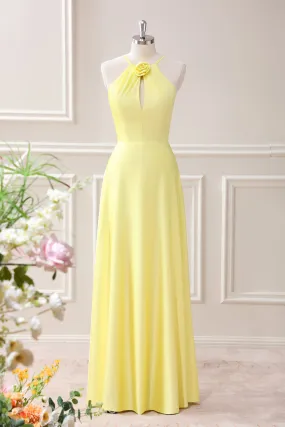 Yellow A Line Halter Cut Out Maxi Dress with Flower