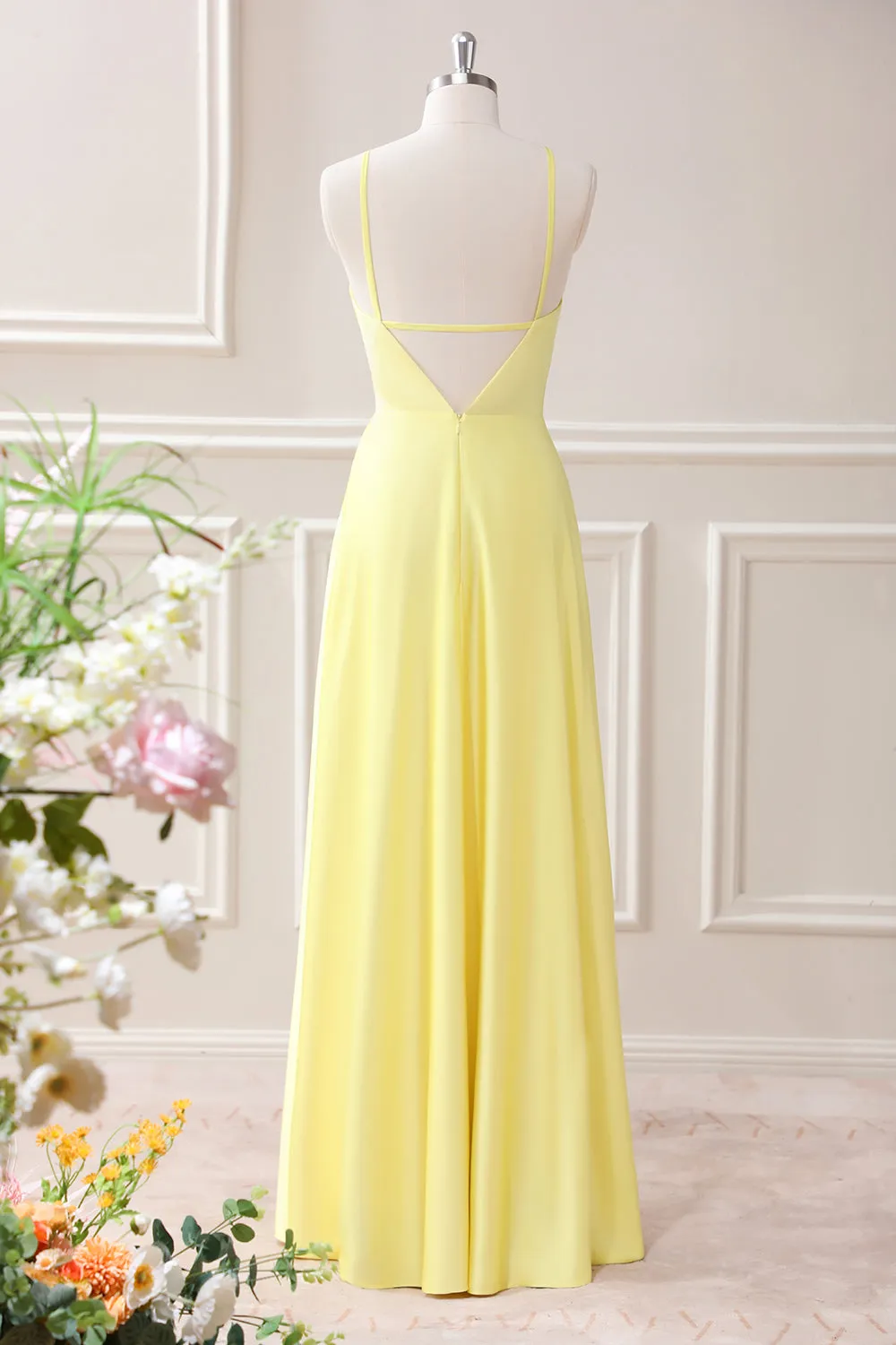 Yellow A Line Halter Cut Out Maxi Dress with Flower