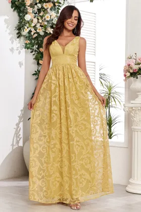 Yellow A Line V Neck Appliques Spaghetti Straps Maxi Dress