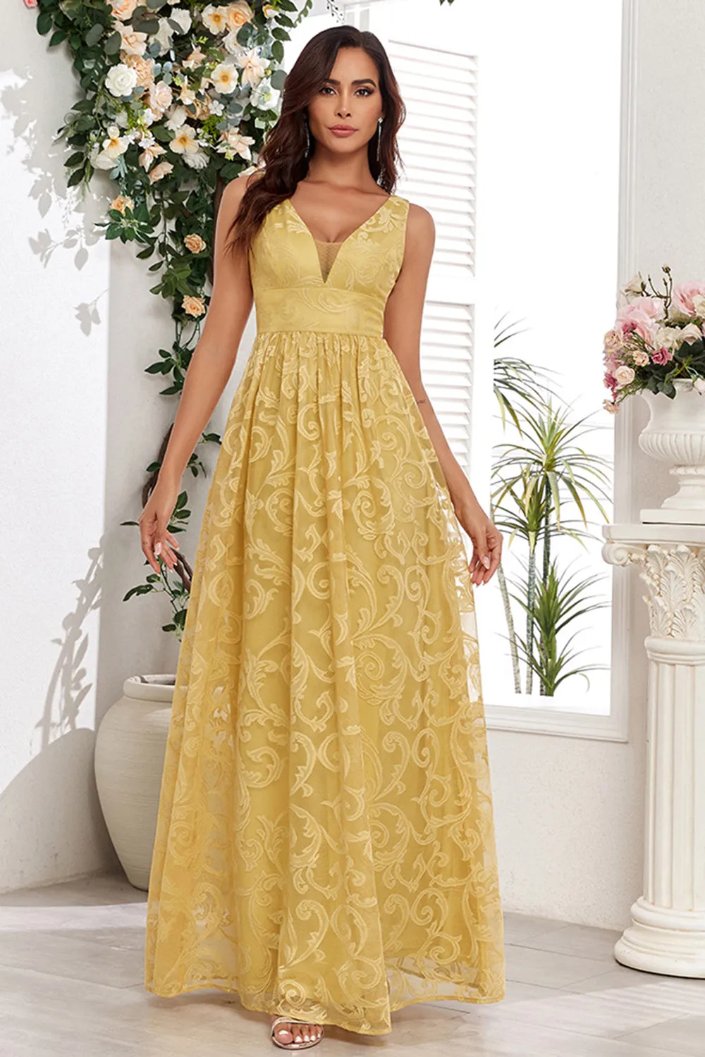 Yellow A Line V Neck Appliques Spaghetti Straps Maxi Dress